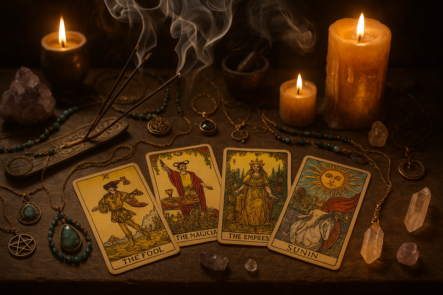 Realistic altar with tarot decks, mystical necklaces, and burning incense with wispy smoke trails