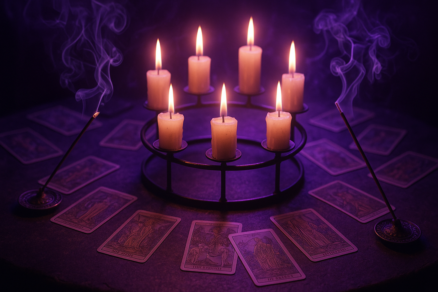 Realistic candles in round holder with purple lighting, tarot cards, and burning incense sticks with wispy smoke