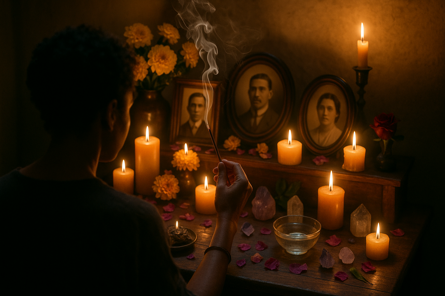 Realistic scene of person performing ancestral calling ritual with candles, incense, and spiritual offerings